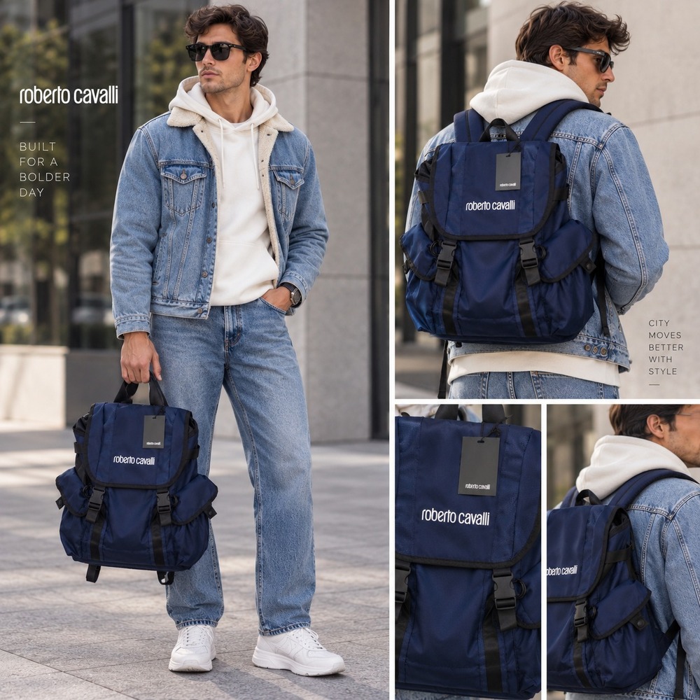 ROBERTO CAVALLI Unisex Navy Blue Travel Utility Backpack CasualSport Logo SSV00H